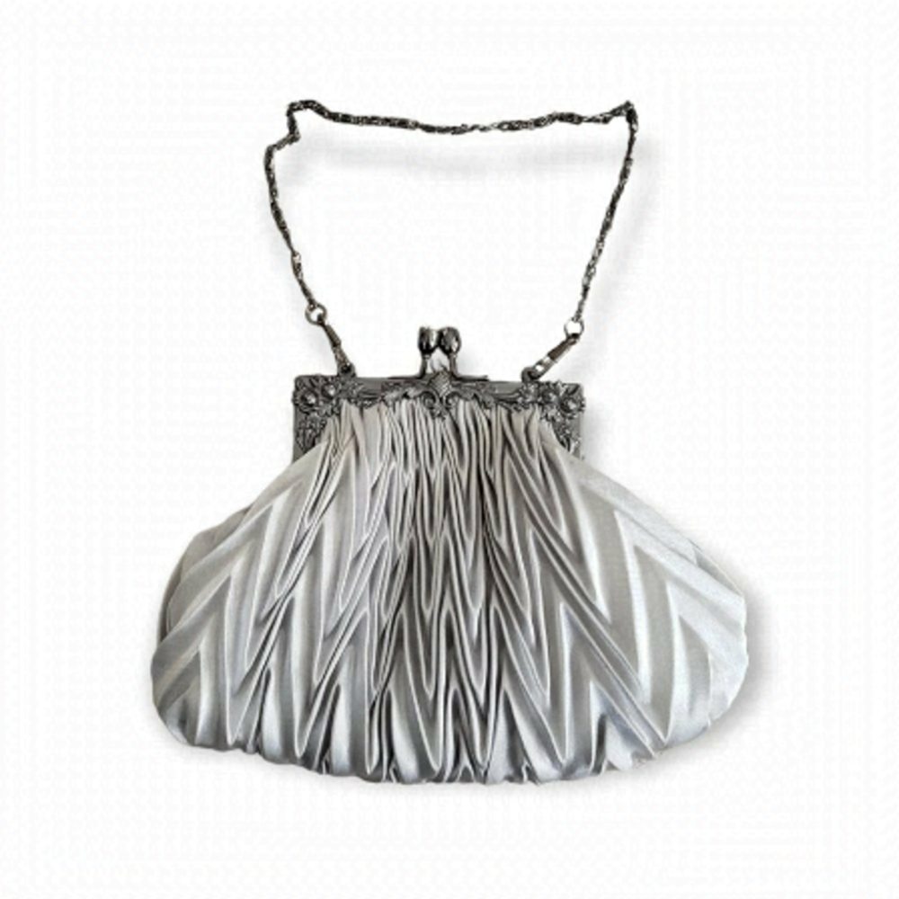 Satin Light Gray Pleated Evening Mini Bag With Short Chain Strap